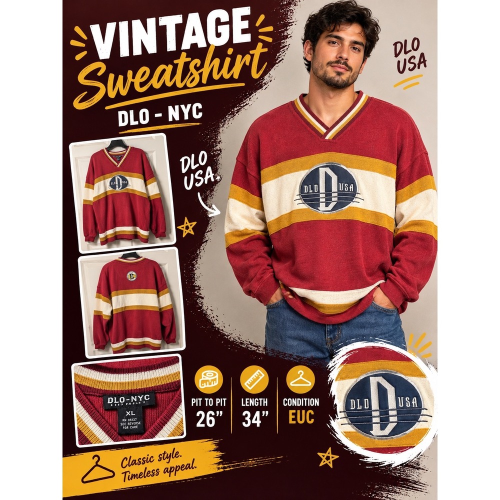 Vintage DLO-NYC Men XL Red Striped V-Neck Cotton Knit Sweater Elbow Patches